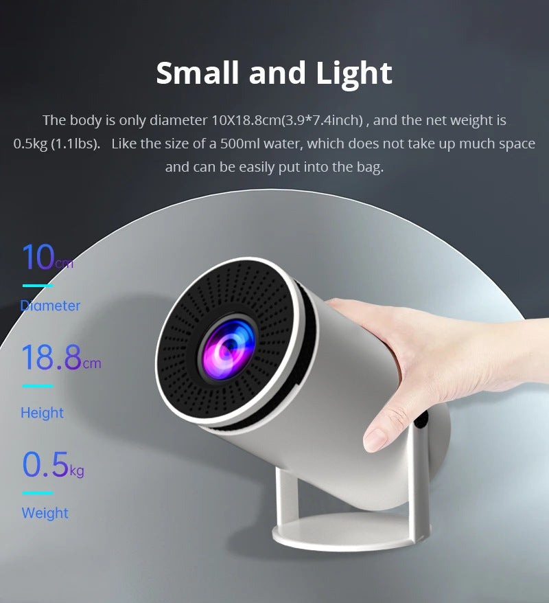 NightFrame projector held in one hand, about 10 cm wide and 18.8 cm tall